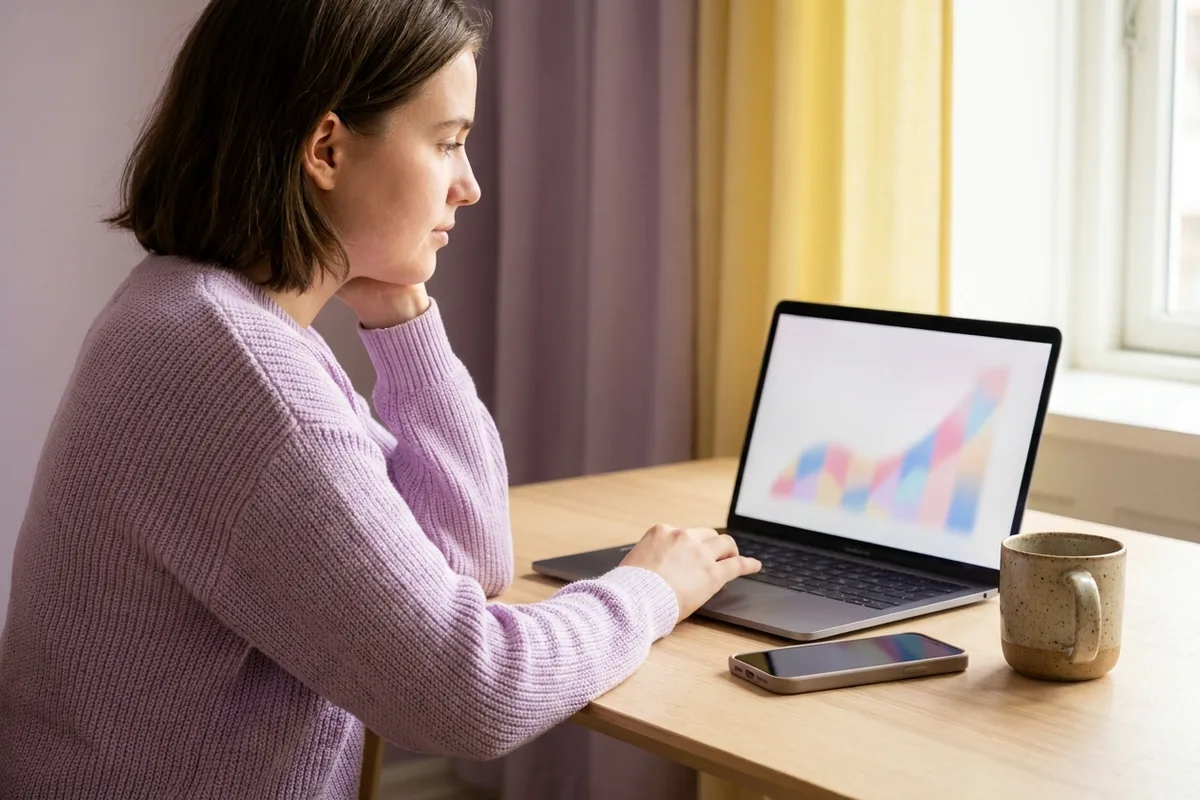 Illustrated creator at a minimal home desk looking at a laptop showing a soft upward growth line, pastel tones