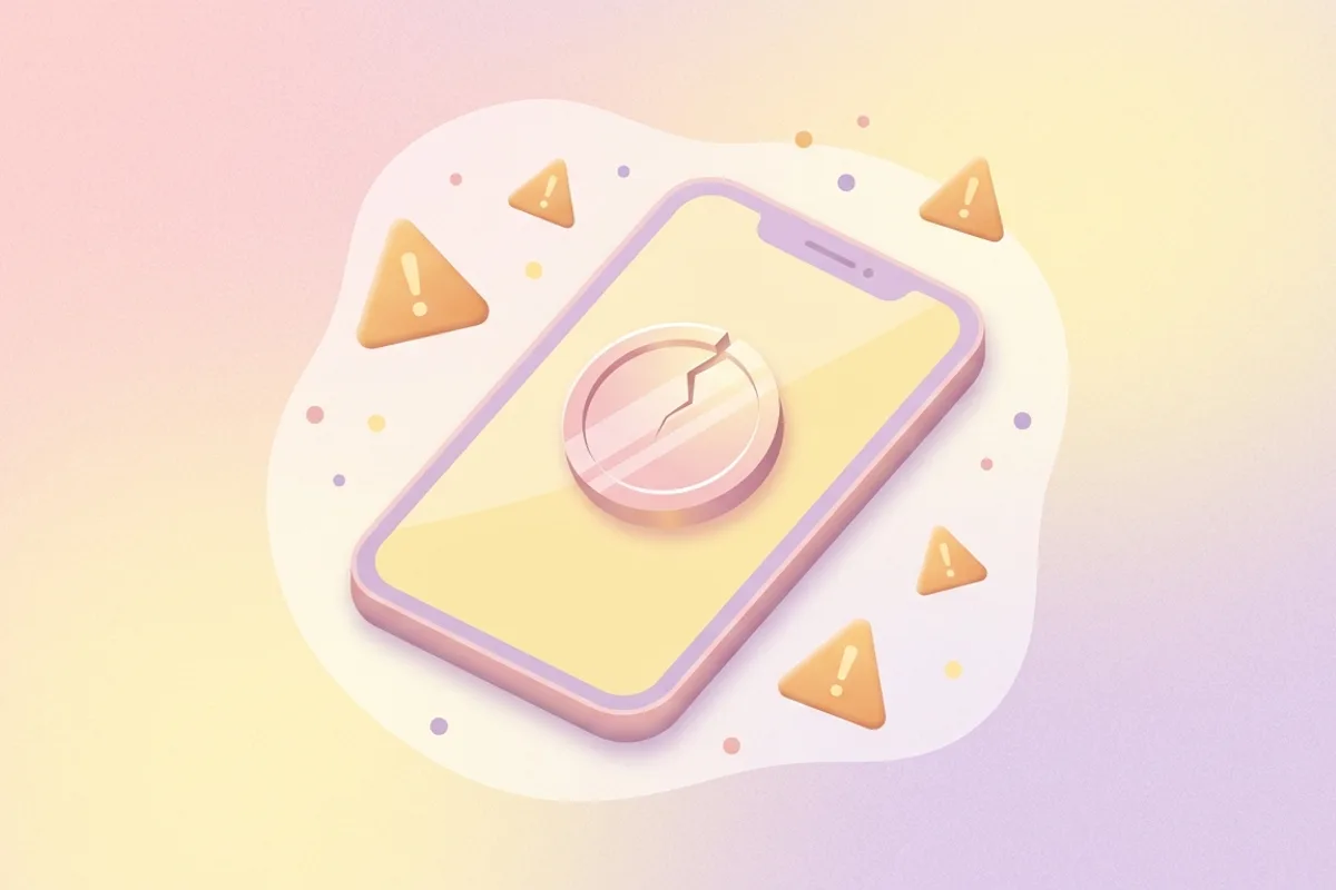 Illustration of a phone displaying a large shiny coin, surrounded by small floating decorative shapes